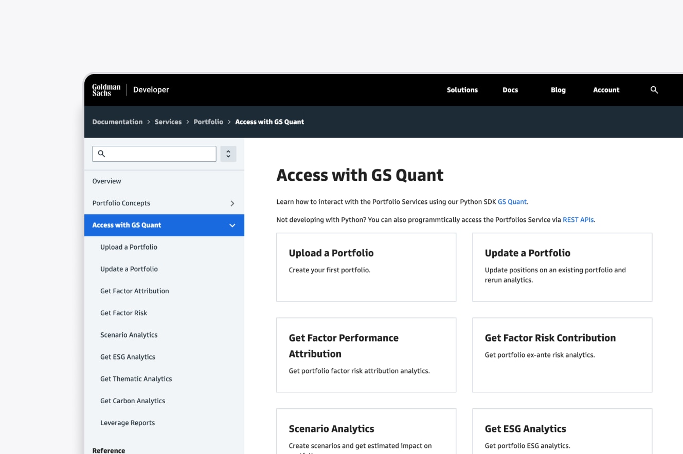 Access Portfolio Services with GS Quant Card Image